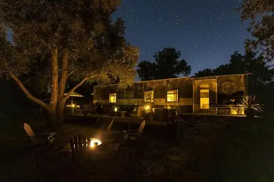 a tiny house at night with a starry sky at Vintage Tiny House with Spa-Inspired Bathroom in Warner Springs, California in Warner Springs