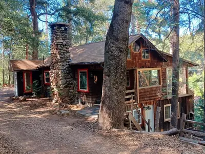 a log cabin in the woods next to a tree at Historic Holiday Redwood Cabin in Palomar Mountain, California in Palomar Mountain