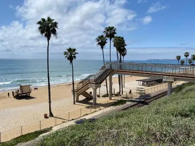 a sandy beach with palm trees and a bridge at Monthly 4BD4BA LuxuryHot TubPool TableYard in San Clemente