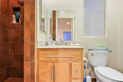 a bathroom with a sink and a toilet and a mirror at Unique Mountain Gem-Sauna Hot Tub Scenic View in Julian