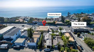 an aerial view of a town with the ocean at Ocean VIEWS Steps from Victoria Beach Lux Design in Laguna Beach
