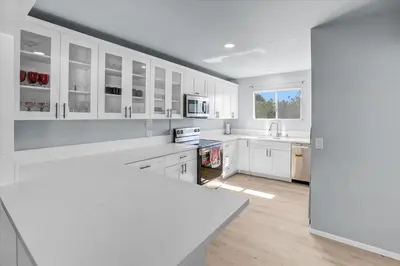 a kitchen with white cabinets and a white counter top at 16 Plus ADU Solana Beach DelMar Fair in Encinitas