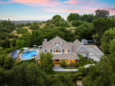 an aerial view of a house with a swimming pool at Sprawling Escondido Estate Garden Pool Games ADU's in Escondido