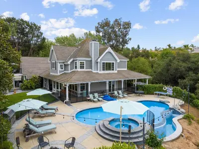 an aerial view of a house with a swimming pool at Sprawling Escondido Estate Garden Pool Games ADU's in Escondido