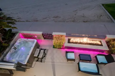 an overhead view of a swimming pool and a hot tub at Boardwalk Studio Shared Hot Tub and Patio in San Diego