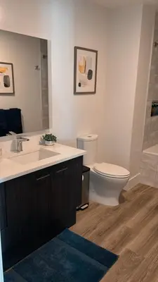 a bathroom with a sink and a toilet and a mirror at The zinnia-Downtown SDiego Marina View Stay in San Diego