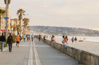a group of people walking along the beach at #759 PetFriendly Beachside retreat/laundry&Parking in San Diego