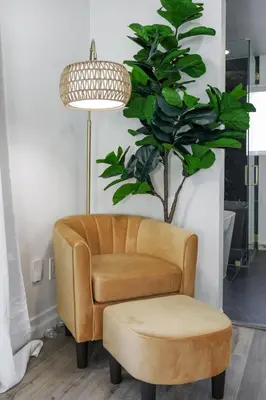 a brown chair and a stool and a plant at SD Lux Oasis: Theatre, Spa, 14Beds, AC, Sleeps 20+ in Spring Valley