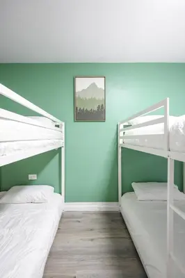 two bunk beds in a room with a green wall at SD Lux Oasis: Theatre, Spa, 14Beds, AC, Sleeps 20+ in Spring Valley
