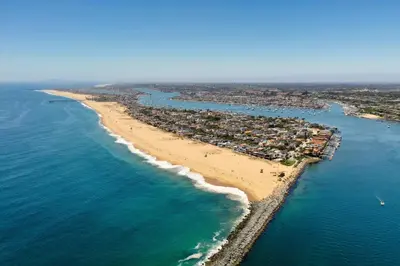 an aerial view of a beach and the ocean at Balboa Island Cottage Air Conditioning Newport Peninsula Ferry Close in Newport Beach