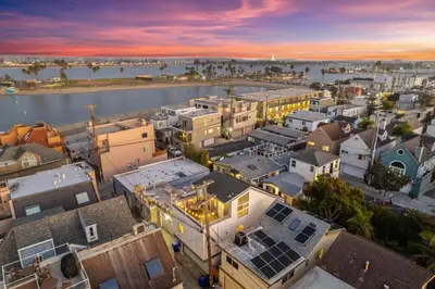 an aerial view of a city at sunset at Mission Beach 3BR Gem Rooftop Patio and Hot Tub in San Diego