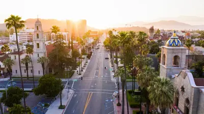 an aerial view of a city street with palm trees at King Bed Temecula Getaway Amazing Pool and Theatre in Murrieta