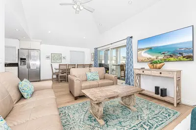 a living room with a couch and a table at Spacious 4Br W Oceanview Balcony, Ac, Near 40Th St Beach By Beachview Rentals in Newport Beach