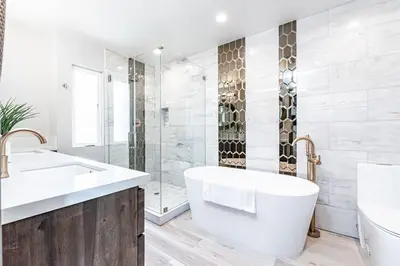 a white bathroom with a tub and a shower at Modern 4Br Tri-Level W Rooftop Deck, Ac, Steps From Sand By Beachview Rentals in Newport Beach