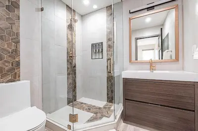 a bathroom with a shower and a sink at Modern 4Br Tri-Level W Rooftop Deck, Ac, Steps From Sand By Beachview Rentals in Newport Beach