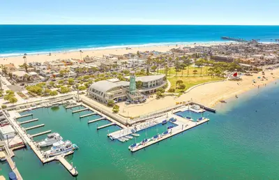 an aerial view of a beach with a marina at Quiet 1Br Bayside Apartment, Central, Steps To Baybeach By Beachview Rentals in Newport Beach