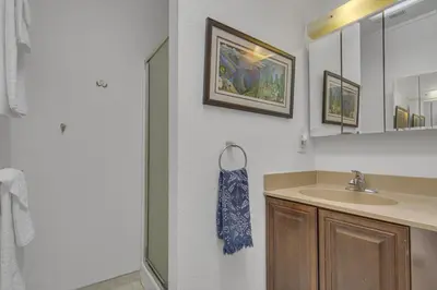 a bathroom with a sink and a mirror at 2 Blocks to Beach, Firepit, Sandbox, BBQ, Work in Carlsbad