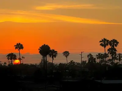 a sunset with palm trees in the foreground at Private Rooftop Retreat with Stunning City Views in San Diego