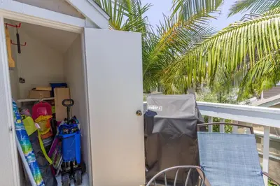 a door open to a room with a chair and a palm tree at Chic Upstairs Condo Steps from Strands Beach in Dana Point