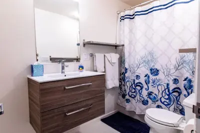 a bathroom with a sink and a shower curtain at Staycation Beach Family Home Great Indoor Outdoor in Carlsbad