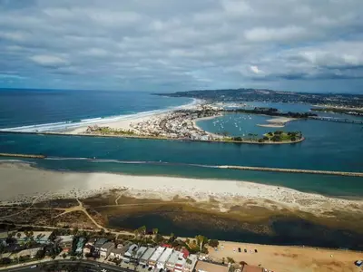 an aerial view of a beach and the ocean at Ocean Beach Bungalow Separate Entry in San Diego