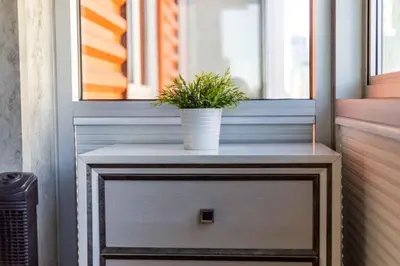 a plant sitting on top of a dresser in front of a window at Modern Loft, Quiet, WiFi, Cable, Parking in San Diego