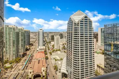 a view of a city with tall buildings at Panoramic Bay and City Views - 2BR, Pool, Gym, Parking in San Diego