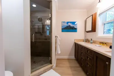 a bathroom with a shower and a glass shower stall at Feel At Home In MV - 'Good Vibes Only' Mentality in Mission Viejo