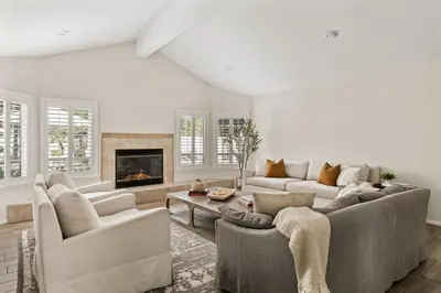 a living room with two couches and a fireplace at Casa Verde Wine Country Estate w Pickleball Casita in Temecula