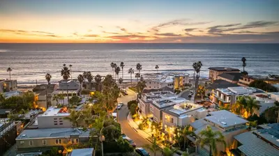 an aerial view of a city with the ocean at La Jolla Panoramic Ocean Retreat with Rooftop in San Diego