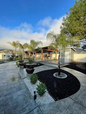 a courtyard with a palm tree and a building at Oasis Resort in Homeland