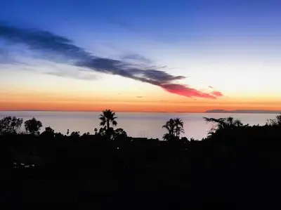 a sunset over the ocean with palm trees in the foreground at Classic Laguna Cottage in Laguna Beach