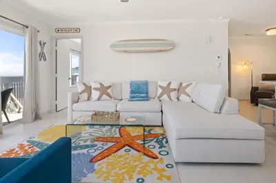 a living room with a couch and a table at Luxury Oceanfront steps to Beach & Town, Best views! in Oceanside
