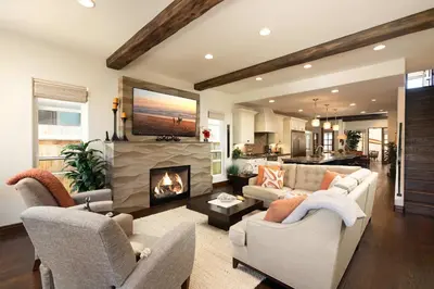 a living room with a couch and a fireplace at Coastal Oasis Walk to Ocean Bay and Rooftop Deck in San Diego