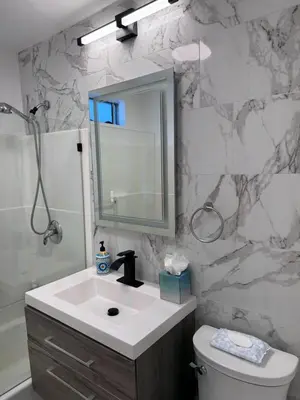 a bathroom with a sink and a mirror and a toilet at BBQ Grill 5 mins to DT Canyon Views Parking in San Diego