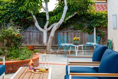 a patio with chairs and a table and a tree at Cozy La Jolla Bungalow Near Beach & Village in San Diego