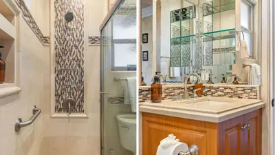 a bathroom with a toilet and a sink and a shower at 2 Homes in Bella Vista Rd by AvantStay Sleeps 8 Vineyard Views Patios in Temecula Wine Trail in Temecula