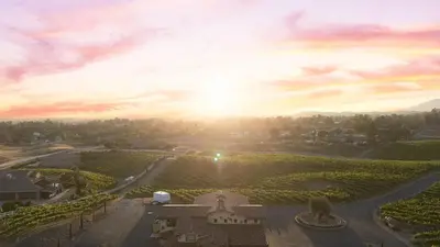 an aerial view of a vineyard at sunset at New-Build Temecula Villa with King Suite Patio Vineyard Views The Villa by AvantStay in Temecula