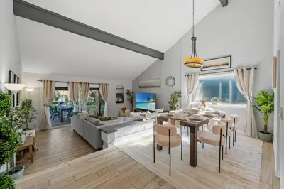 a rendering of a living room and dining room at Entire Private Home with 3 Bedrooms, Hot Tub, King Bed, Garage, Grand View, Available Now in San Diego