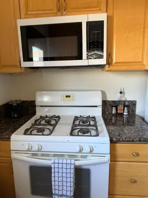 a white stove in a kitchen with a microwave at Cozy cottage in San Diego