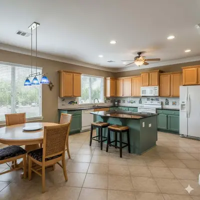 a kitchen with green cabinets and a table and chairs at Bayside Gem - Beachfront - Vibrant - Ocean Breeze in San Diego