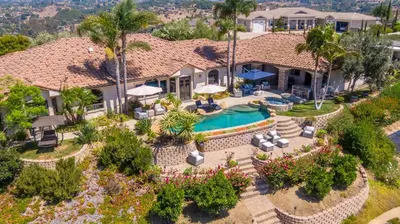 an aerial view of a house with a swimming pool at La Bella Vista Estate in Fallbrook