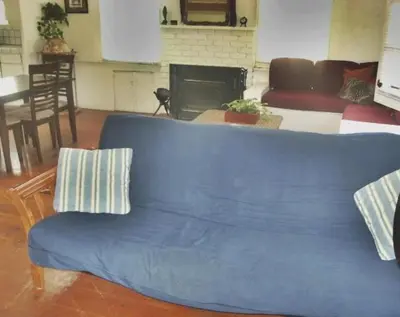 a blue couch in a living room with a fireplace at Mission Beach Cottage in San Diego