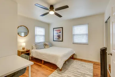 a bedroom with a bed and a ceiling fan at 2 Mi to Ocean Pet-Friendly Imperial Beach Retreat in Imperial Beach