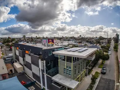 an aerial view of a city with a building at Hotel Narcissus - Room 5 in San Diego