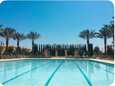 a large swimming pool with palm trees in the background at Corporate Housing, Vacation Rental in Irvine in Irvine