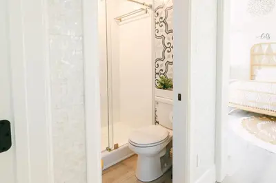 a bathroom with a toilet and a shower at Relaxing Mission Beach Getaway - 300ft to sand in San Diego