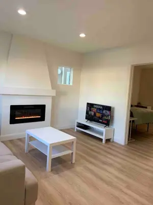 a living room with a couch and a fireplace at 2 Bedroom Modern North Park Gem in San Diego