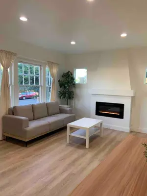 a living room with a couch and a fireplace at 2 Bedroom Modern North Park Gem in San Diego