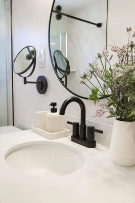 a bathroom sink with a faucet and a mirror at Work-From-Beach Dream Ocean Views Hot tub, BBQ in Oceanside